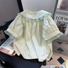 Lunivop Gentle Sweet Striped Peter Pan Collar Blouses Summer Fresh Green Puff Sleeve Shirts Women Y2k Grunge Bow Button Blusas Mujer