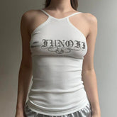 Lunivop Y2k Millennial Letter Print Irregular Straps Slim Fit Sleeveless Halter Top Sexy Slim Fit Halter Top For Women