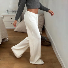 Lunivop Women Basic Solid Color Trendy Leisure Drawstring Low Waist Ribbed Comfortable Strappy Loose Wide Leg Pants Simple Style Bottoms