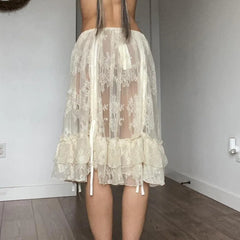 Lunivop Beige Lace Midi Skirt Women Sexy See Through Beach Bikini Cover Up Skirts Summer Fashion Shirring High Waist Holiday Skirt 2024