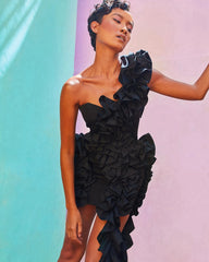 Lunivop Designs Satin Mini Prom Party Dress One Shoulder Handmade Flowers Short Cocktail Gowns Pretty Ruffles Homecoming Dresses