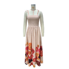 Lunivop Women Backless High Waist Vacation A-line Dress Summer Sleeveless Floral Long Slash Neck Spaghetti Strap Sundress