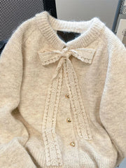 Lunivop Bow Sweet Women Cardigan Korean Long Sleeve Loose O Neck Knitted Sweaters Casual Love Buttons Vintage Lady Fall Winter Tops