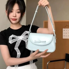 Lunivop Harajuku Blue Shoulder Bags Purse Women Hot Girls Bow Chic Leather Underarm Bag Ladies Vintage Square Messenger Bag Y2k