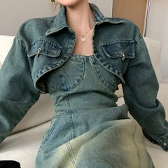 Lunivop Summer Retro Strapless A- Line Denim Dress Pure Desirable Sexy Two-Piece Set Small Size Ins Spicy Girl Long Skirt Dress