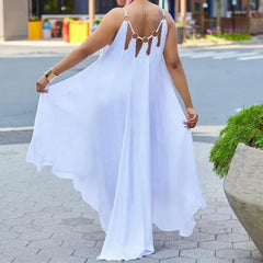Lunivop Long Dress Women Summer Loose Waist Casual One Shoulder Sleeveless Chain Party Dresses Irregularity Oblique Neck Beach