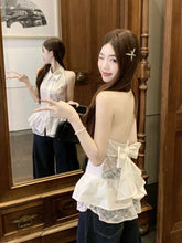 Lunivop Sexy Backless Bow Shirt Women Sweet Lace Patchwork Slim White Blouse French Vintage Elegant Lady Summer Hollow Out Tops New