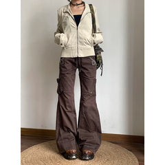 Lunivop Brown Spliced High Rise Flare Jeans for Women Streetwear Y2K Aesthetic Cargo Jean Pants Vintage Denim Trousers Grunge Fairycore