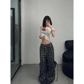 Lunivop Women Dark Academia Harajuku Fashion Gothic 2000s Aesthetic Plaid Pants Elastic Waist Pantalones Long Trousers Trashy Y2k Baggy