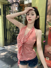 Lunivop Camis Women Plaid Sleeveless Halter Ruffles Bandage Backless Slim Vintage Sweet Casual Sexy Tank Tops Female Summer