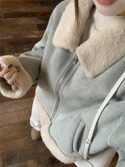 Lunivop Faux Suede Lamb Jackets Women Winter Warm Thick Sweet Cute Short Coat Korean Vintage Loose Long Sleeve Preppy Style Tops