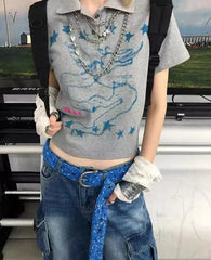 Lunivop Women T Shirts Vintage Turn Down Collar Graffiti Printed Slim Y2k Crop Tops Summer Fashion Gothic Female Casual Tshirt