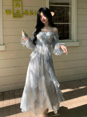 Lunivop Summer Elegant Print Fairy Long Dresses for Women French Off Shoulder Ruffles A-Line Birthday Party Dress One Piece Vestidos New