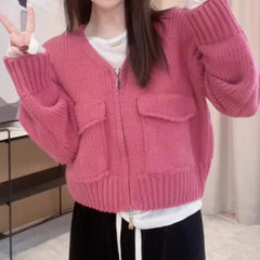 Lunivop Women's Zip Up Knit Cardigan with Pocket V-neck Zipper Front Crop Sweater Jacket Female Teen-girl Autumn Winter Y2K Outfit
