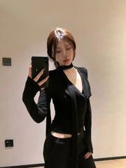 Lunivop American Sexy V-neck Black T-shirts Irregular Slim Fit Long Sleeve Tee Shirt Spring New Long Sleeve Top for Women