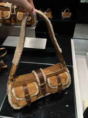 Lunivop Retro Lamb Patchwork Brown Shoulder Bag Women Vintage Pocket Chic Y2k Handbag Female Hot Girls Casual Underarm Bag 2025