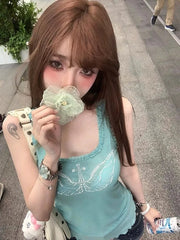 Lunivop New Mesh Patchwork Tank Top Summer Sleeveless Tops Mujer Y2k E-Girl Slim Fit Diamond White Vest for Women