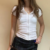 Lunivop Women Zipper Shirts Elegant Fashion Summer Turn Down Collar Short Sleeve Solid Casual Crop Tops y2k White Slim Blouse