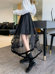 Lunivop Elegant Mesh Patchwork Women Tulle Skirt Fashion Korean A Line Cake Skirt Female Sweet Preppy Style Irregular Midi Skirt