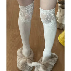 Lunivop Boot Socks Autumn/Winter Solid Color Thigh High Lace Cute Lolita Thick Warm Stockings Sexy Black White Long Leg Socks for Women