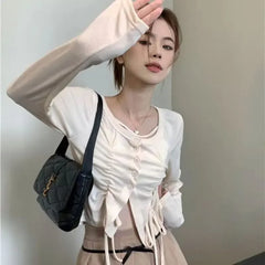 Lunivop Solid Tshirts Long Sleeve Slim Waist Y2k Korean Camisetas Irregular Drawstring Women Crop Tops Folds Tees O Neck Bandage Elegant