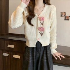 Lunivop Flower Applique Knit Cardigan Autumn Winter Women Cardigan Sweater Coats Long Sleeve Crop Knitted Jackets Cute Outfit
