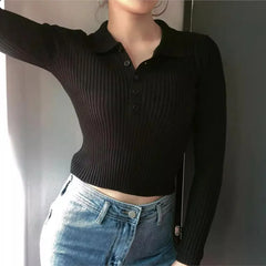 Lunivop Woman Open Buttons Lapel collar Knitted Long Sleeve Sweater Slim Fit Crop Knitwear