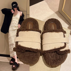 Lunivop Fluffy Faux Fur Plush Slippers Fashion Design Women Home Slippers Indoor Open Toe Flat Non-slip Leisure Large Size Female Slides