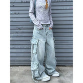 Lunivop Autumn Women's Casual Blue Harajuku Jeans Vintage Washed Aesthetic Loose Pants Y2K Wide Leg Punk Baggy Denim Trouser