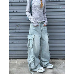 Lunivop Autumn Women's Casual Blue Harajuku Jeans Vintage Washed Aesthetic Loose Pants Y2K Wide Leg Punk Baggy Denim Trouser