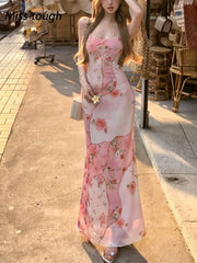 Lunivop Summer Floral Boho Dress Women Sleeveless Slim Fit Party Midi Dress Mesh Patchwork Long Bodycon Elegant Beach Holiday Dress