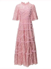 Lunivop Solid Sequin Embroidery Ruffled Dresses For Women Round Neck High Waist Short Sleeve Elegant Dress Female Spring New