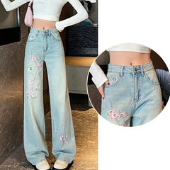 Lunivop French pink flower embroidered jeans women spring and autumn new high waist fashion slim wide-leg pants embroidered straight