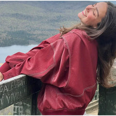 Lunivop Autumn Women's Zipper Leather Bomber Jackets Casual Striped Coats Chic Lapel Loose Long Sleeve Motorcycle Outwear Top