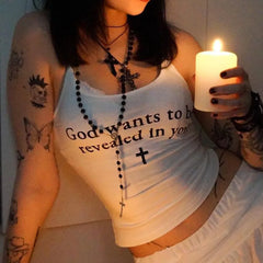 Lunivop God Wants To Be Revealed In You Print Sexy Sleeveless Backless Crop Top Camisole