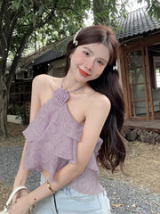 Lunivop 3D Floral Sweet Halter Tanks Women Elegant Fashion Sexy Cropped Camis Tanks Summer Chic Female Backless All Match Top Tanks