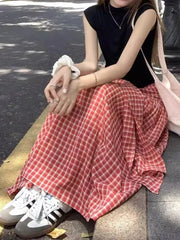 Lunivop Vintage Red Plaid Long Skirts Women Sweet Bow High Waist A Line Skirt Vintage Korean Loose Casual Design Female Skirt New