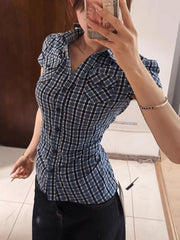 Lunivop Vintage Slim Plaid Shirt Women Casual Pockets Short Sleeve Y2K Blouse Summer American Harajuku Retro Female Streetwear Tops