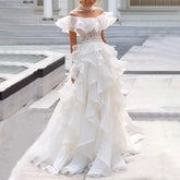 Lunivop Elegant A-Line Long Ruffles Prom Dresses for Women Off The Shoulder Floor-Length Special Events Wedding Gala Party