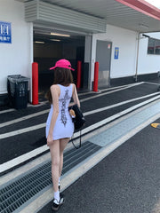 Lunivop Y2k Millennial Halter Sleeveless Top o Collar Sleeveless Sexy Summer Gown With Print Back For Women's Belted Mini Dress