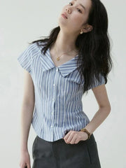 Lunivop Preppy Style Women Striped Shirt Casual Vintage Short Sleeve Slim Blouse Summer Retro Korean Female Sweet Simple Tops New