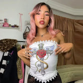 Lunivop Summer fashion trend abstract cross print design lace splicing tube top sleeveless short top