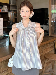 Lunivop Sweet Sleeveless Striped Shirts Women Loose Sweet Vintage Lace Up Blouse French Elegant Casual Summer Female All Match Tops