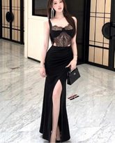 Lunivop Temperament Dresses Women Sexy Lace Patchwork Hollow Out Split Slim Backless Elegant Party Dress Female Fashion Cocktail