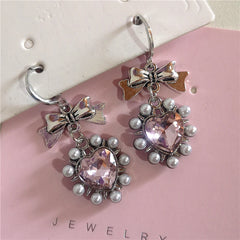 Lunivop New Gothic Y2K Cute Pink Crystal Heart Pearl Bowknot Pendant Earrings For Egirl EMO 2000s Goth Vintage Charm Jewelry Accessories