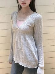 Lunivop Gray V-neck Knitted Slim Long Sleeve Tees Women Autumn Fashion Cotton Soft T-shirt Sweet Cute Preppy Style T Shirt Y2K Top New