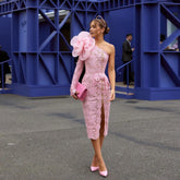 Lunivop Princess Pink One Shoulder Long Sleeve Dress Delicate Lace Sheath Tea-Length Sexy Side Slit with Handmade Large Flower Gowns