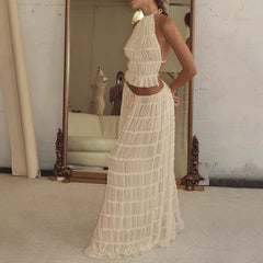 Lunivop Women Boho Sexy Backless Matching Suit 2 Piece Beach Holiday Outfits Vintage Ruched Halter Cami Tops + Maxi Long Skirt Party