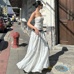 Lunivop Elegant Off Shoulder Strapless Backless Tank Top With Elastic Waist Pleated Long Skirts Women Beach Holiday 2 Piece Set
