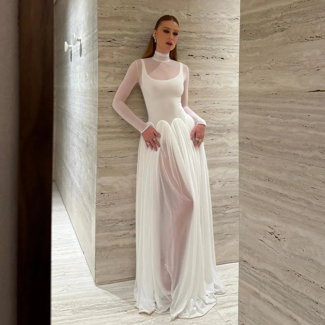 Lunivop Elegant Tulle Long Wedding Dresses High Collar Draped Simlpe Prom Dresses Formal Full Sleeves Illusion Bridal Gowns Customized